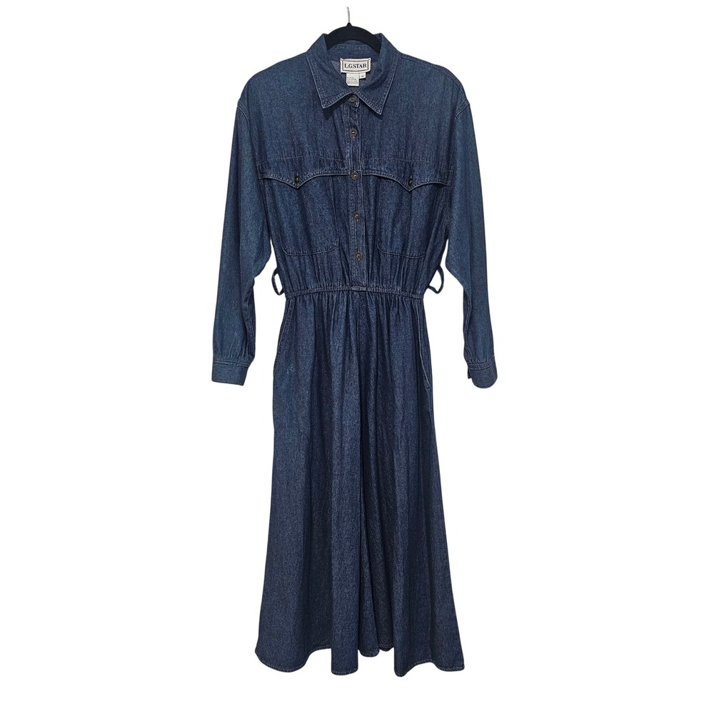 VTG 10 Western Denim Maxi Dress Blue Cotton Long Sleeve 90s Boho Cowgirl Cottage